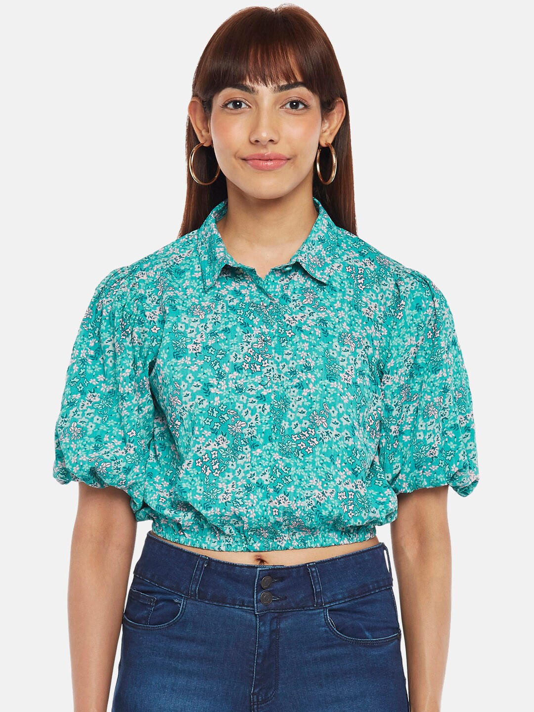 

People Green Floral Print Shirt Style Crop Top