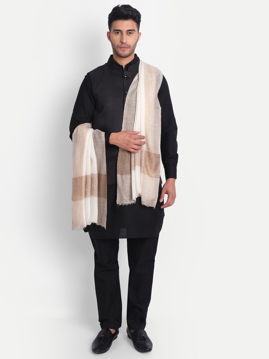 

Zamour Men Woolen Woven Design Stole, White