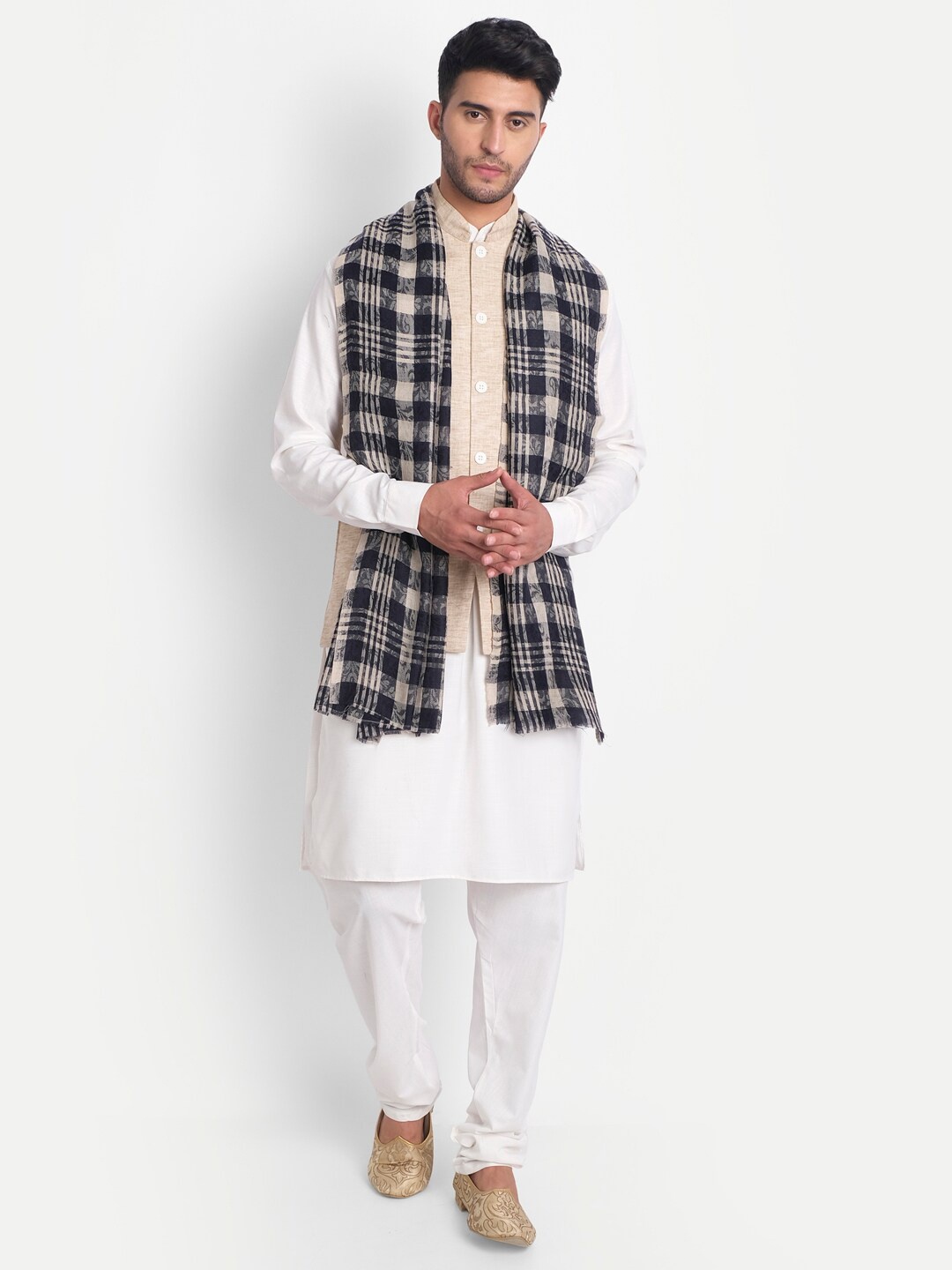 

Zamour Men Woolen Checked Stole, Cream