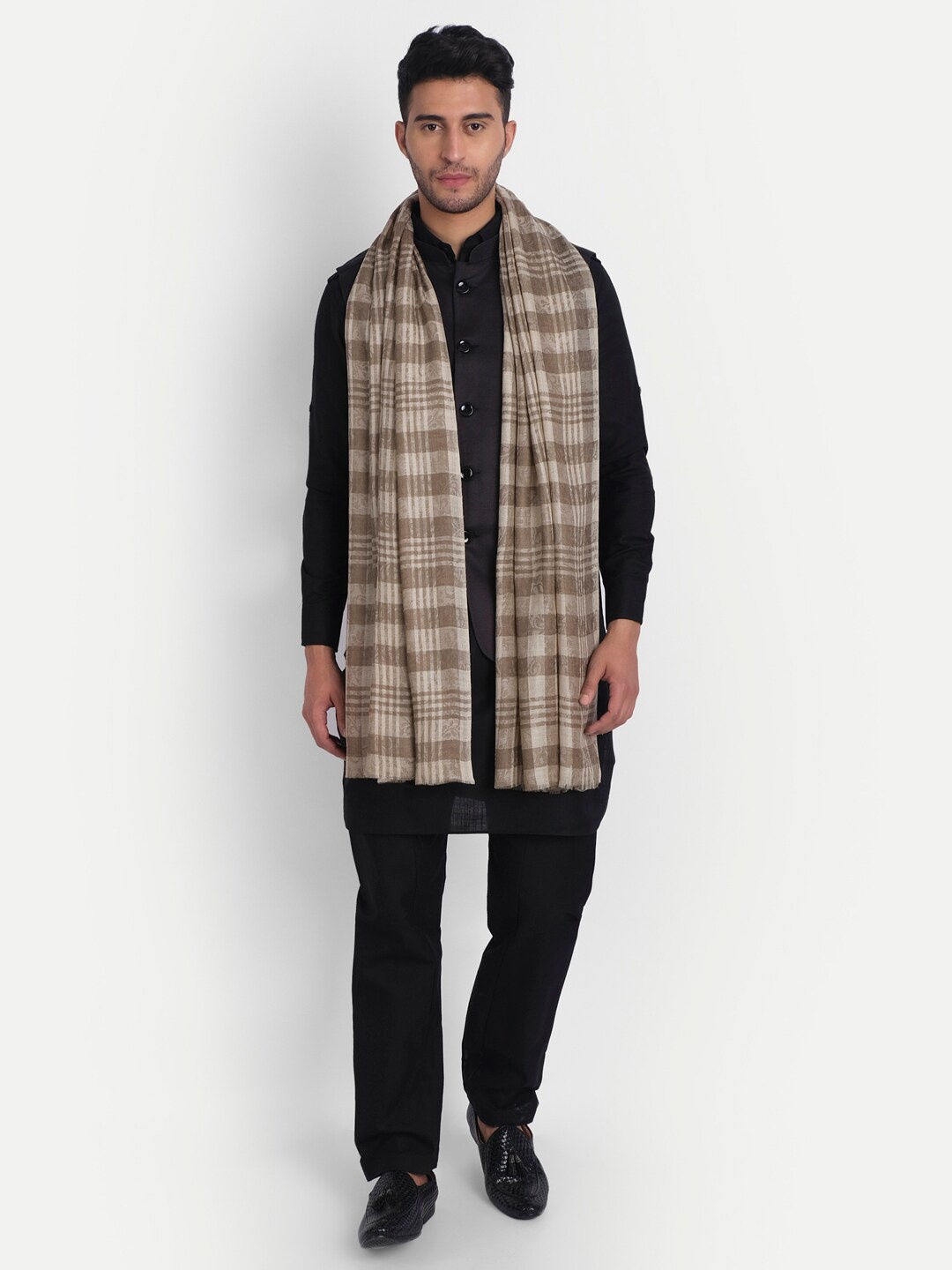 

Zamour Men Woolen Checked Stole, Cream