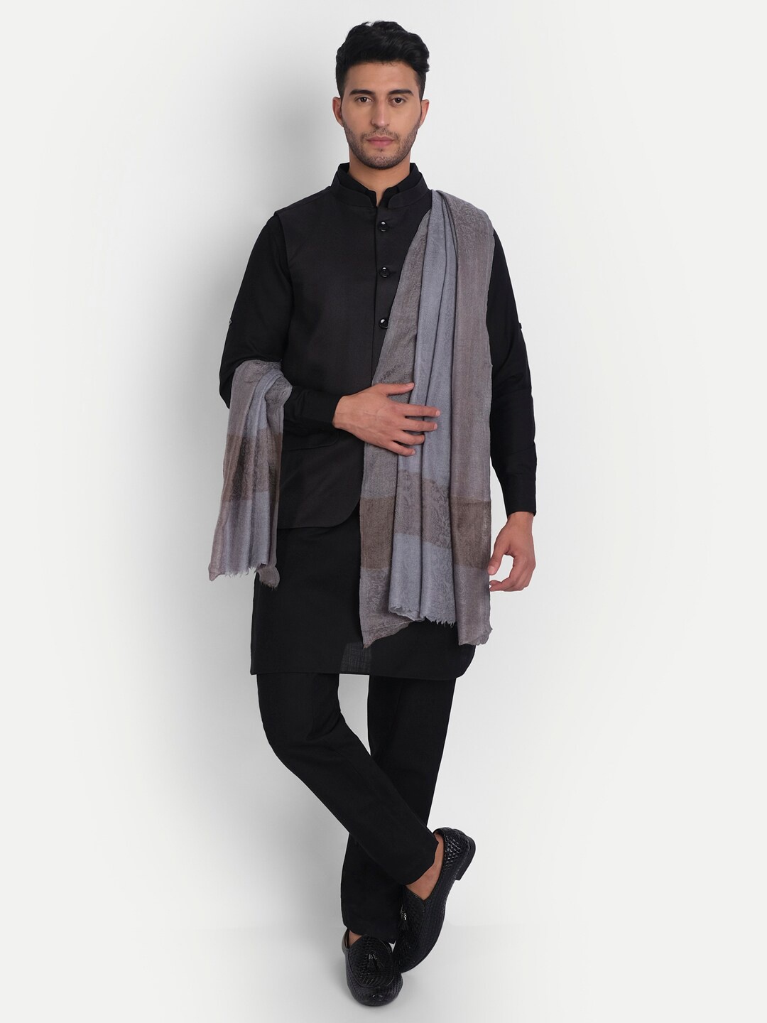 Zamour Men Woolen Woven Design Stole, Grey