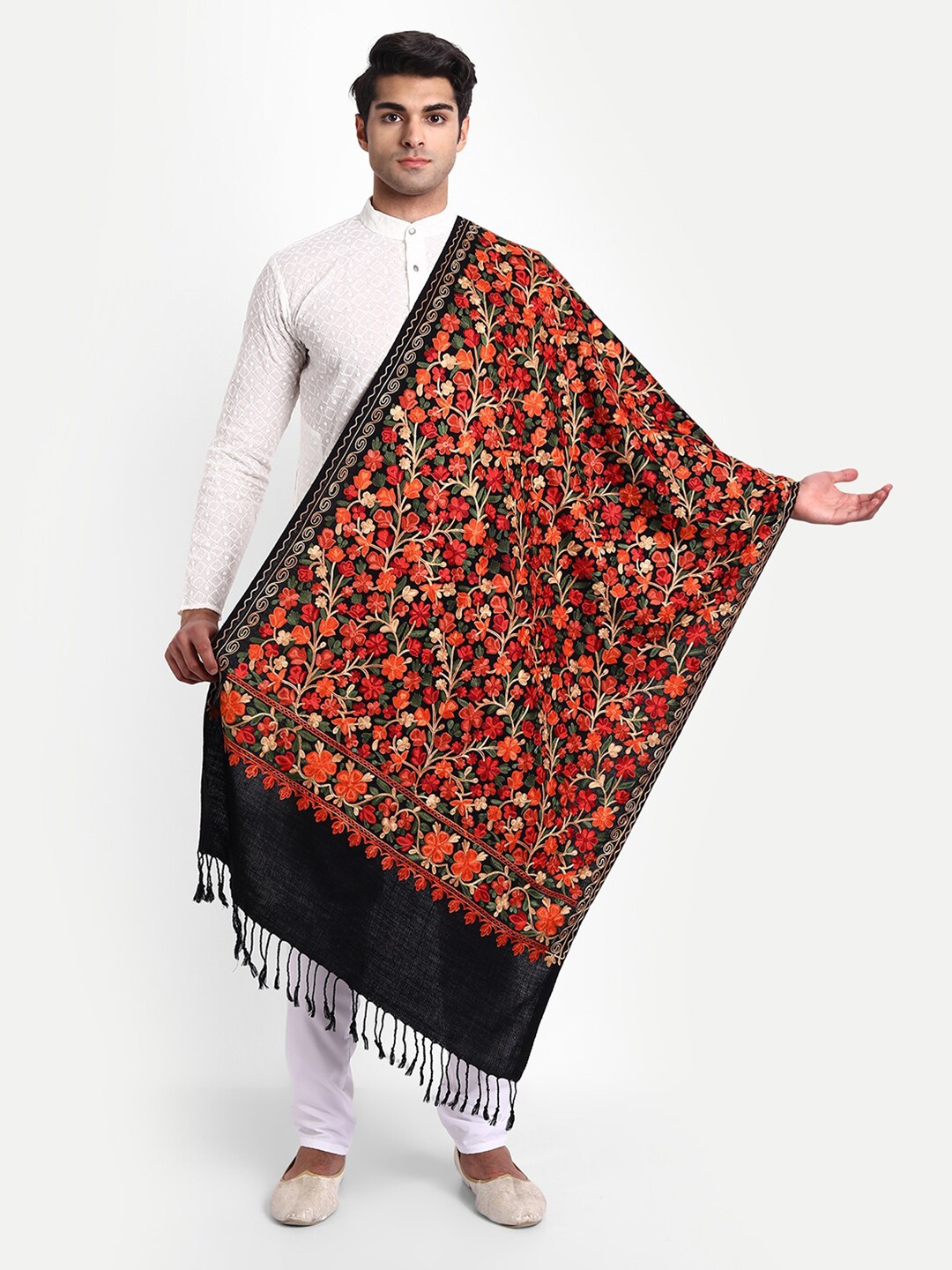 

Zamour Men Woolen Embroidered Stole, Black