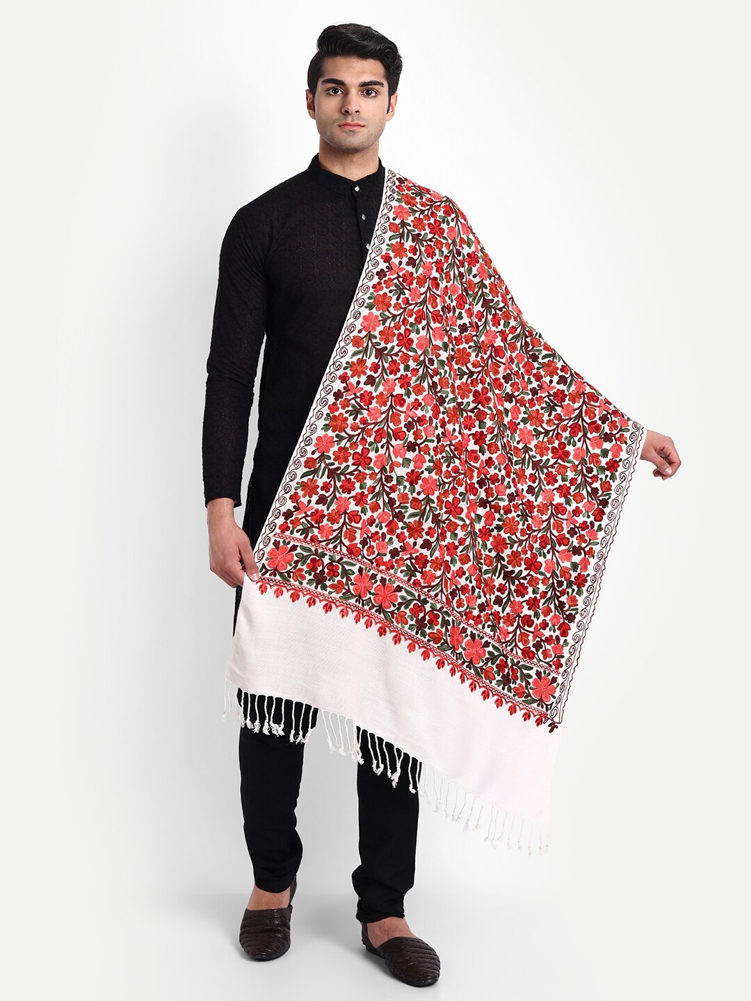 

Zamour Men Woolen Embroidered Stole, White