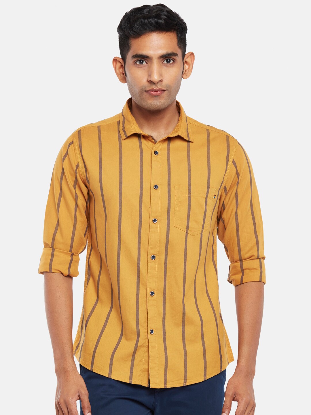 Urban Ranger by pantaloons Men Mustard Slim Fit Striped Casual Shirt
