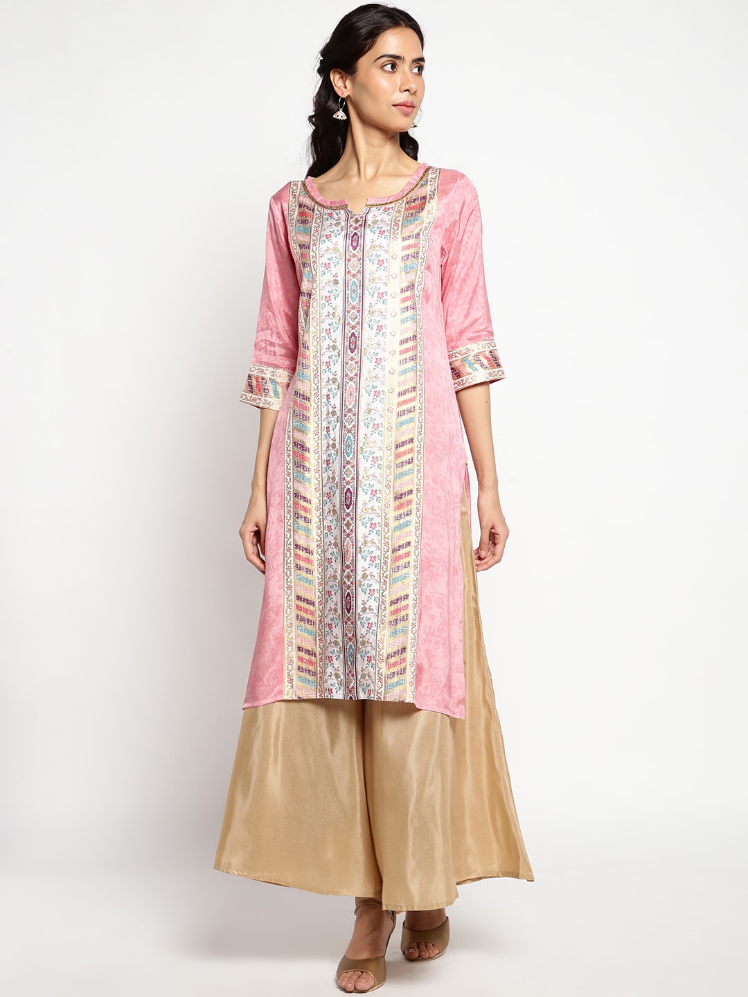 AURELIA Women Pink And White Floral Print Kurta