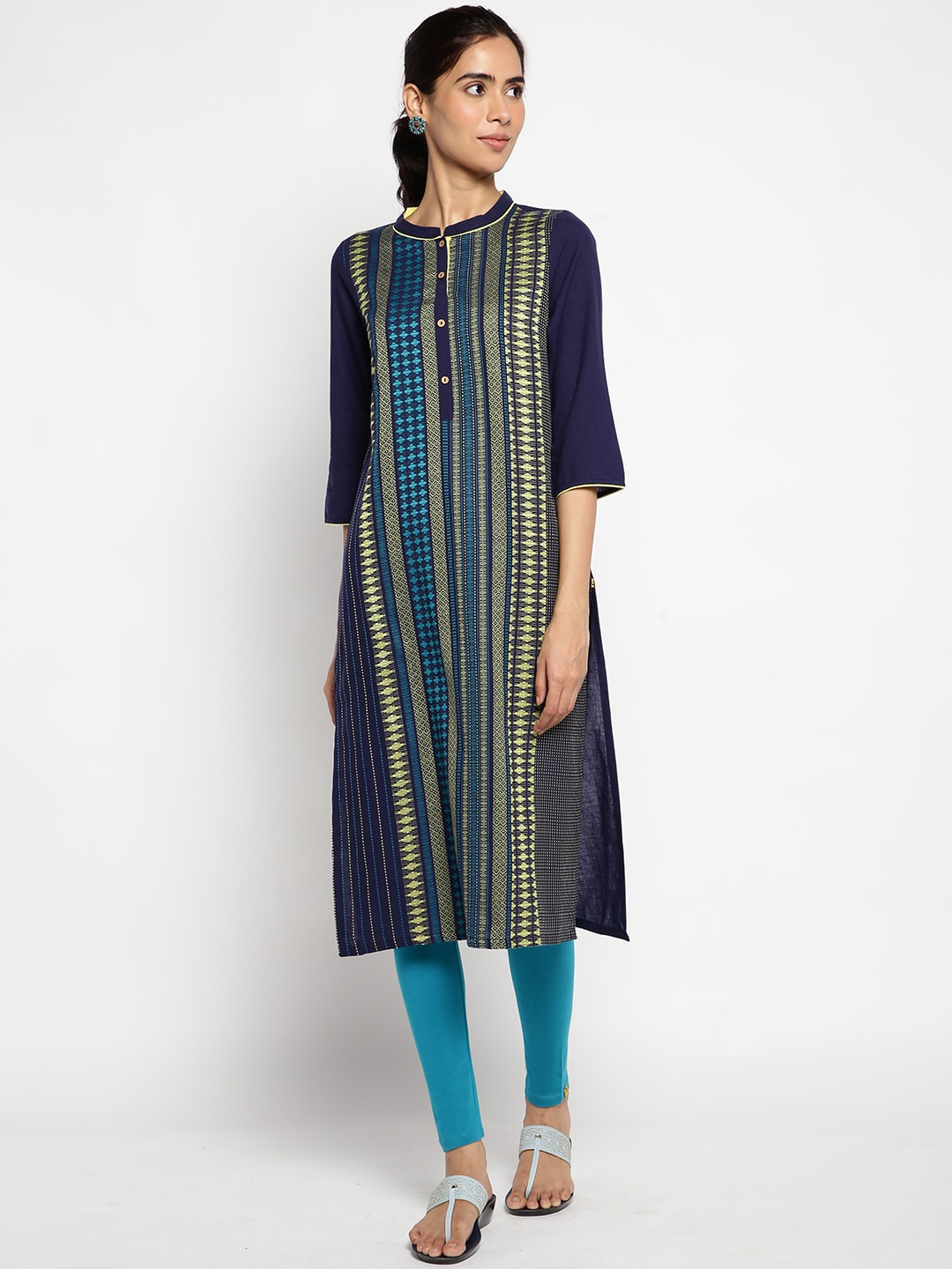 

AURELIA Women Navy Blue And Beige Geometric Print Cotton Kurta