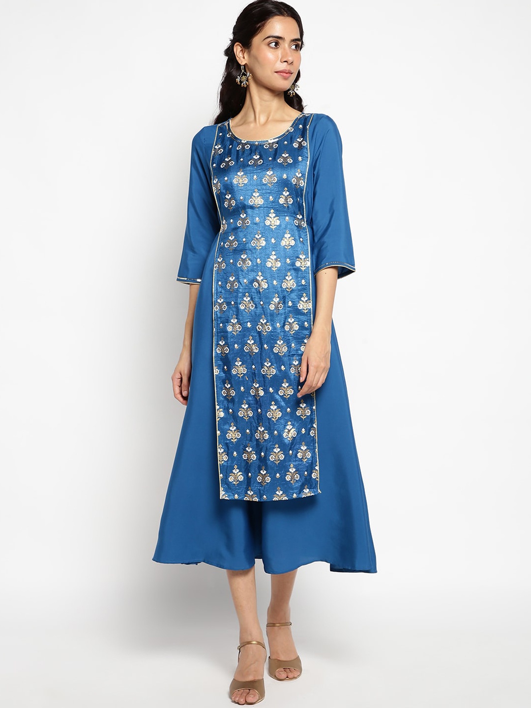 

AURELIA Women Blue Floral Printed Gotta Patti Detail Layered Kurta