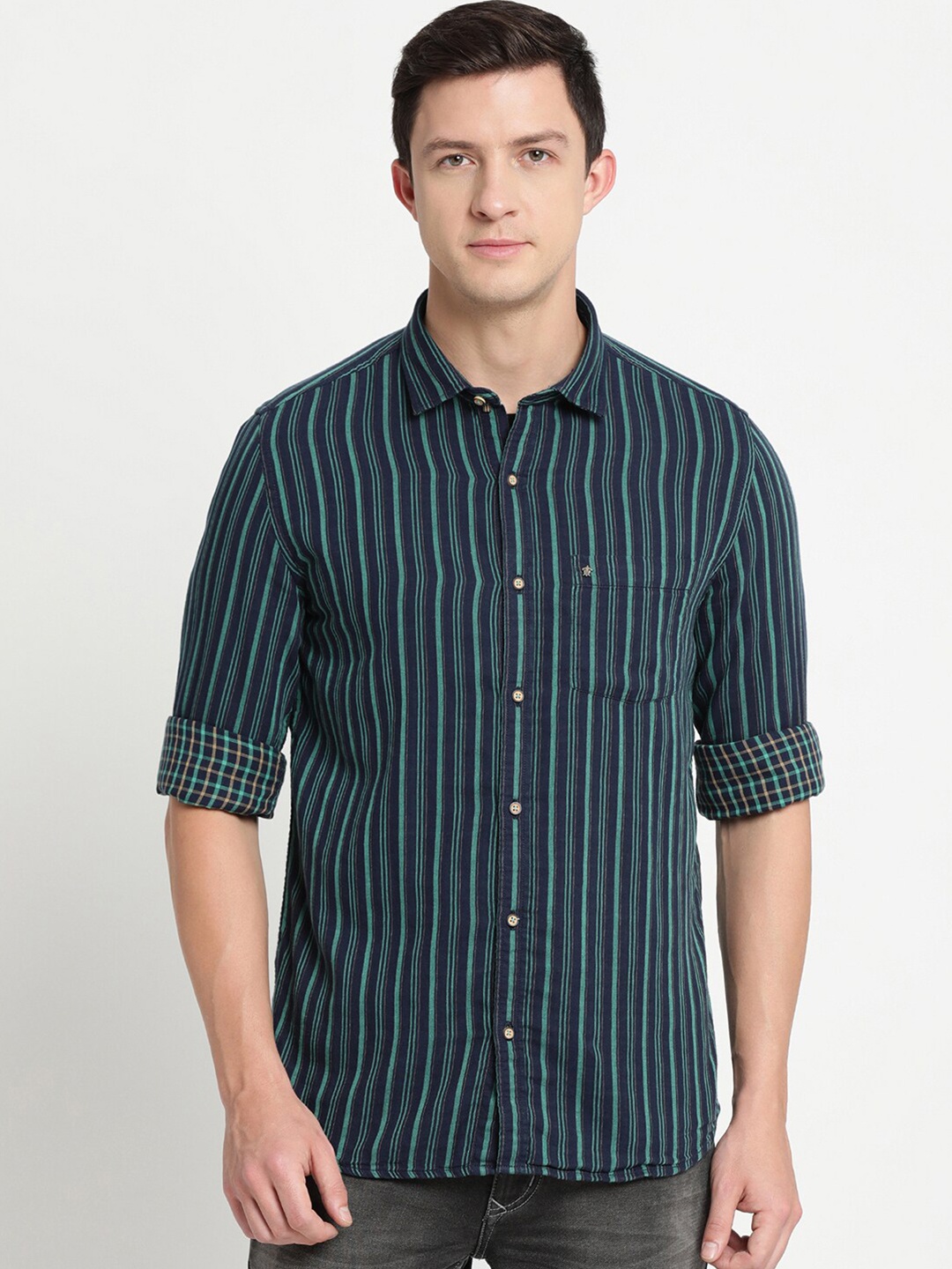 

Turtle Men Navy Blue & Green Striped Pure Cotton Casual Shirt