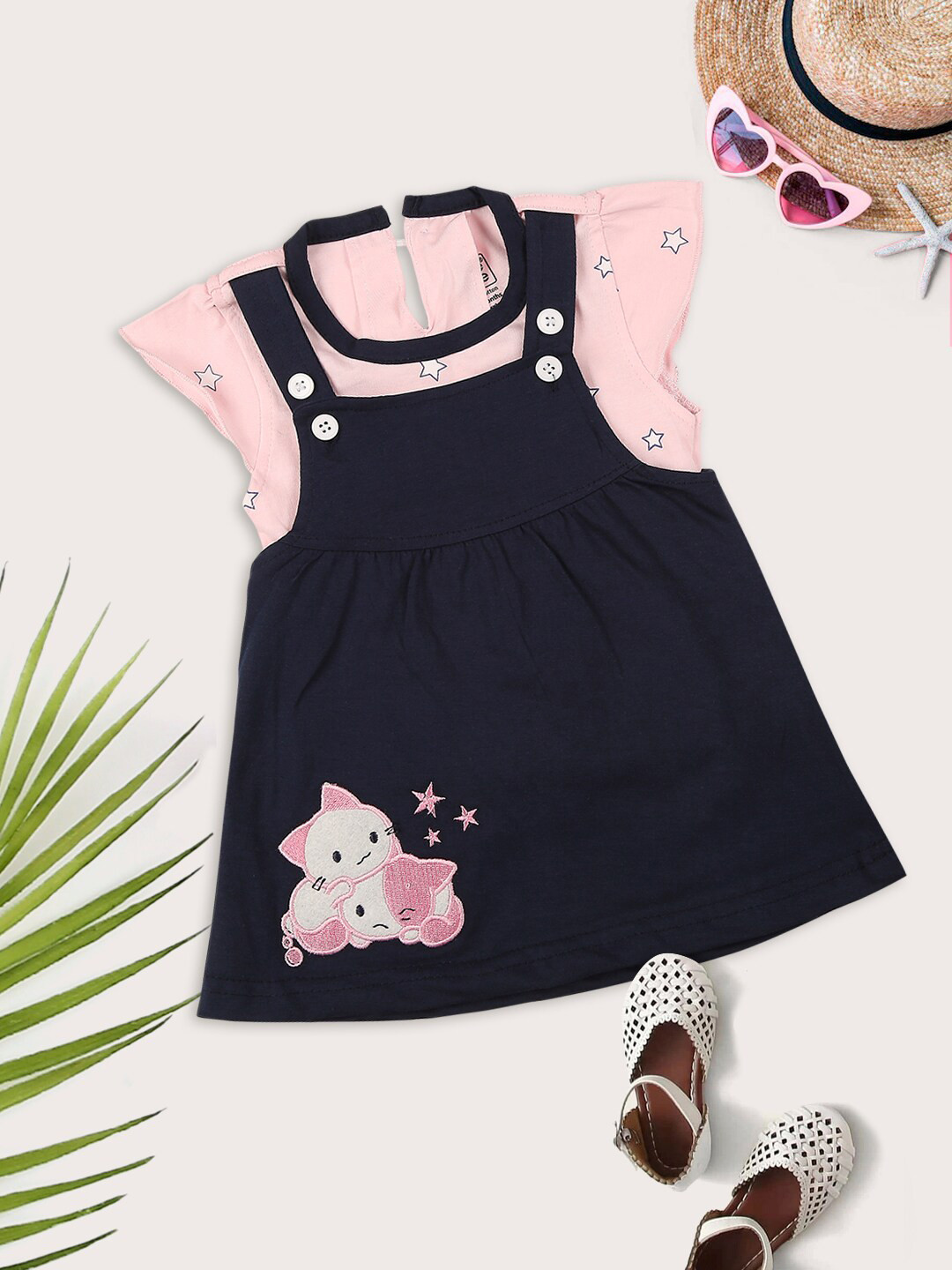 

MeeMee Infant Girls Blue & Pink Pinafore With T-Shirt Cotton Dress