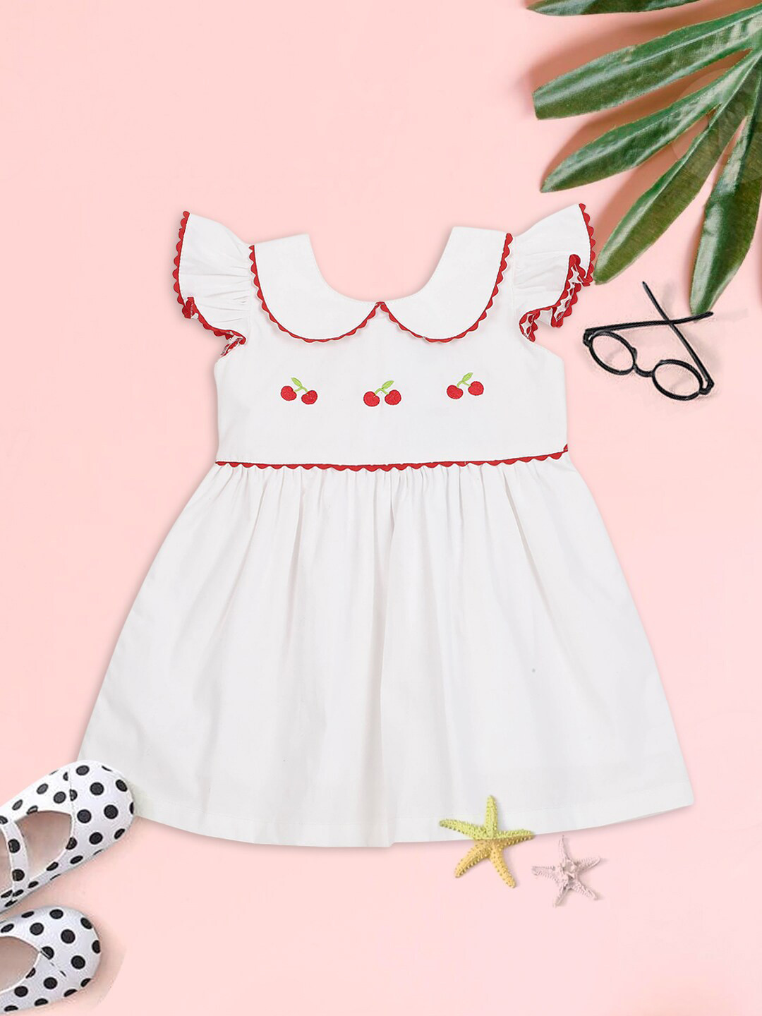 

MeeMee Girls White & Red Peter Pan Collar Cotton Dress
