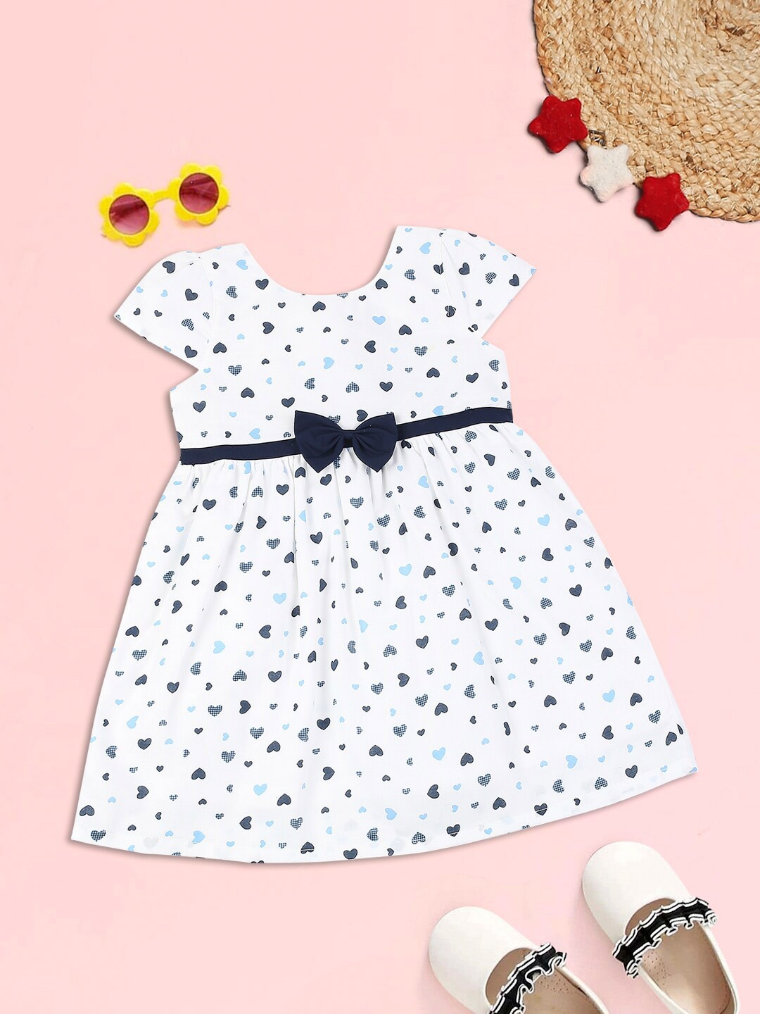 

MeeMee Girls White & Navy Blue Fit & Flare Cotton Dress