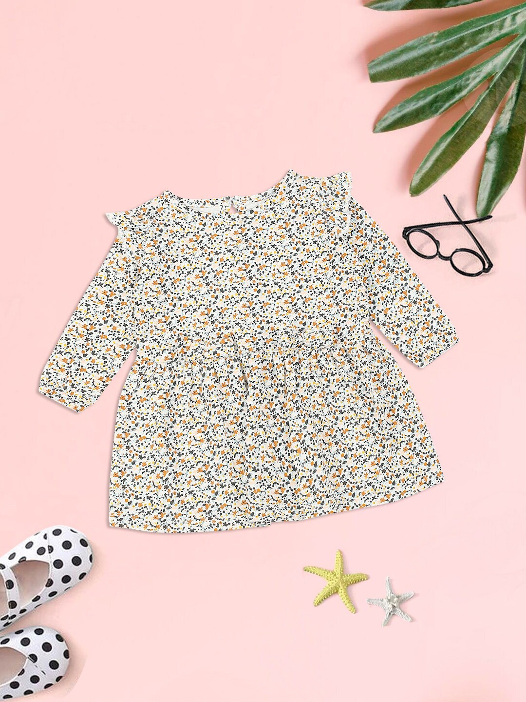 

MeeMee Infant Girls Cream-Coloured & White Floral Fit & Flare Cotton Dress