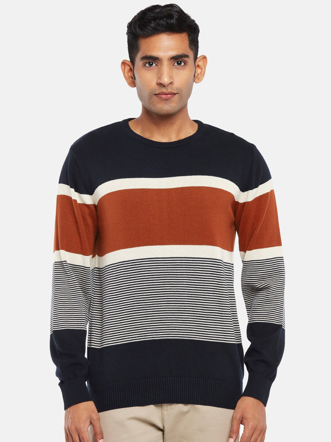 

BYFORD by Pantaloons Men Navy Blue & Brown Striped Pullover