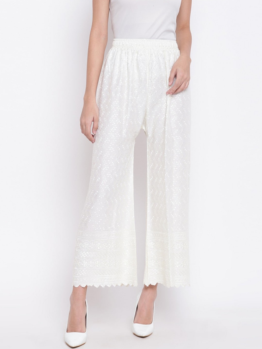 

RIVI Women White Textured Pure Cotton Trousers