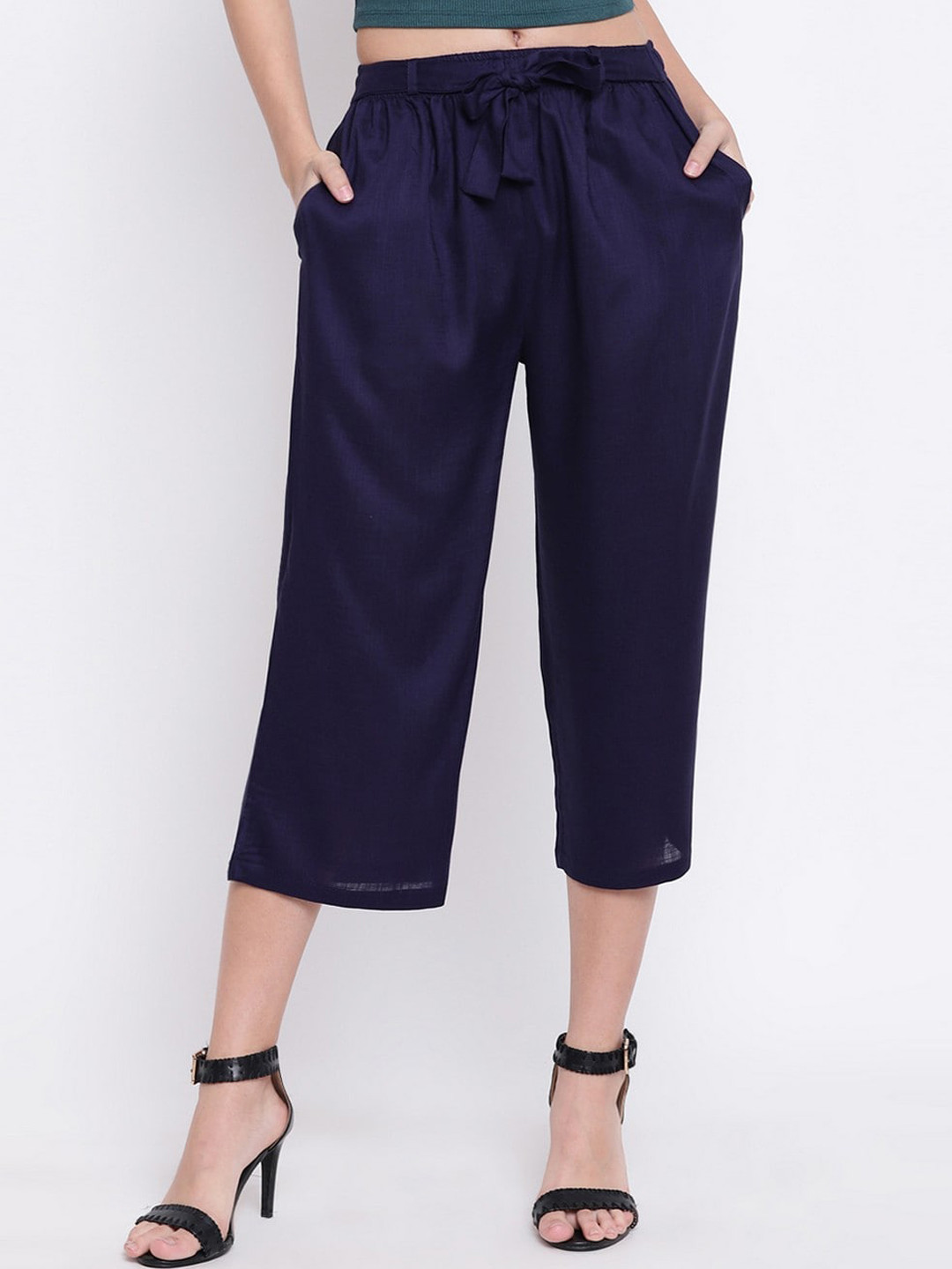 

RIVI Women Navy Blue Solid Pure Cotton Trousers