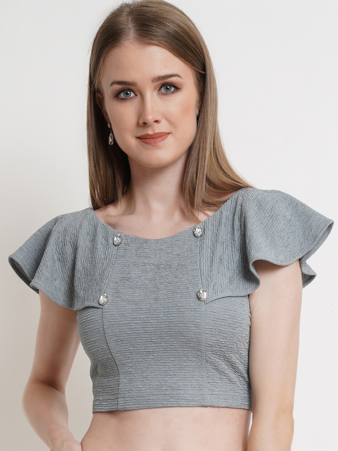 

Popwings Women Grey Round Neck Flutter Sleeves Crop Top