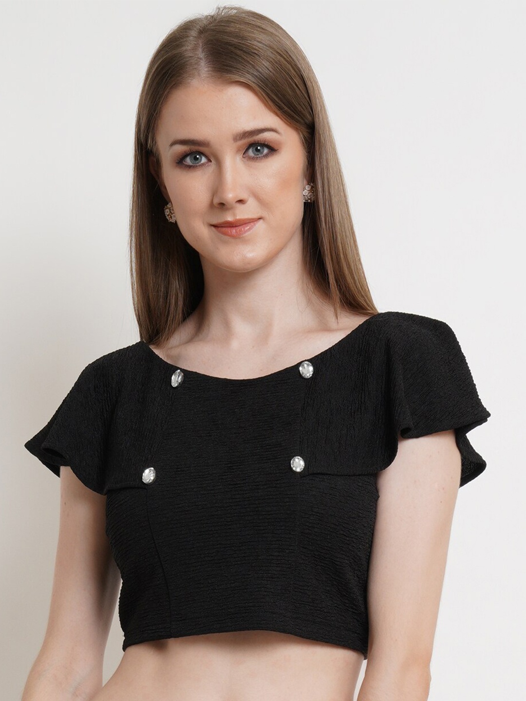 

Popwings Women Black Round Neck Flared Sleeves Crop Top