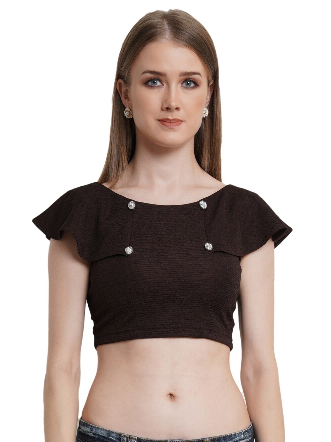 Popwings Women Brown Solid Round Neck Crop Top