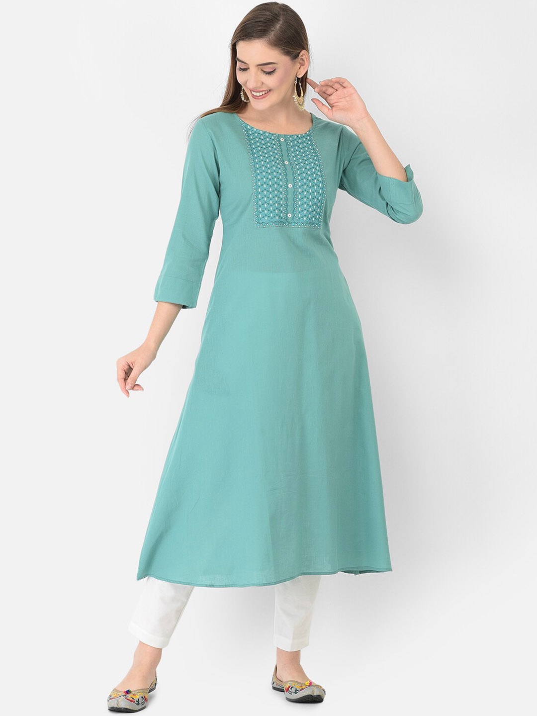 

Span Women Blue Solid Embroidered Yoke Design Cotton A Line Kurta