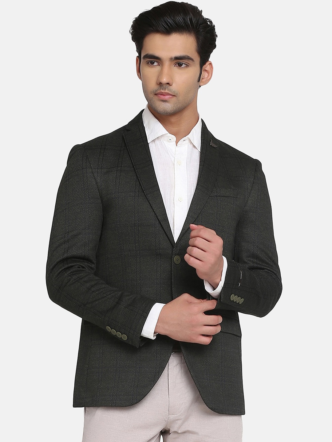 

Blackberrys Men Olive Checked Polyester Regular Fit Single-Breasted Blazers