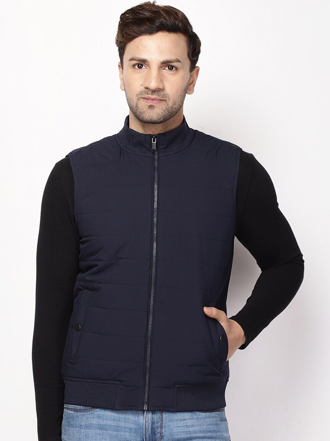 

Blackberrys Men Navy Blue Solid Polyester Bomber Jacket