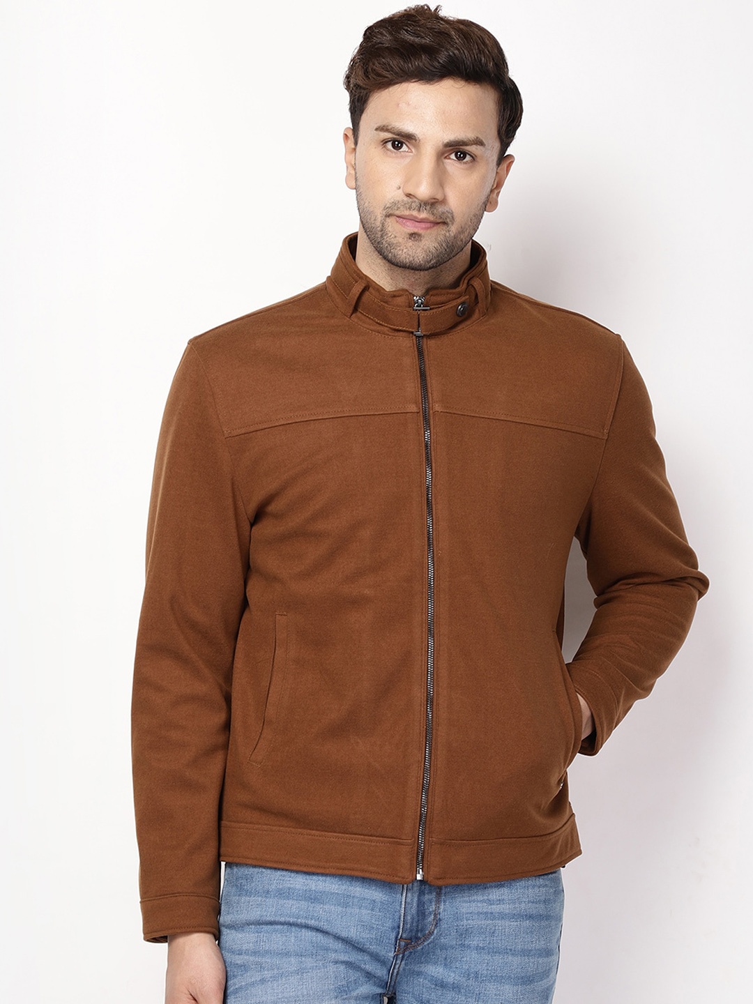 

Blackberrys Men Brown Solid Stand Collar Long Sleeves Tailored Jacket