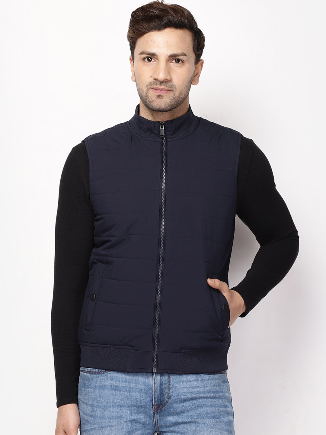

Blackberrys Men Navy Blue Solid Stand Collar Sleeveless Bomber Jacket