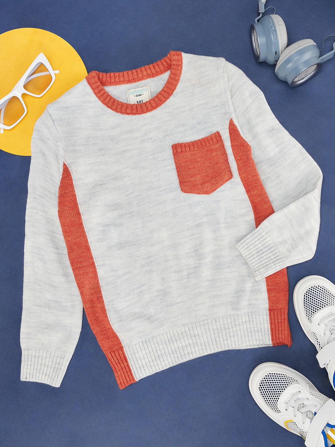 

Pantaloons Junior Boys Off White & Orange Colourblocked Pullover