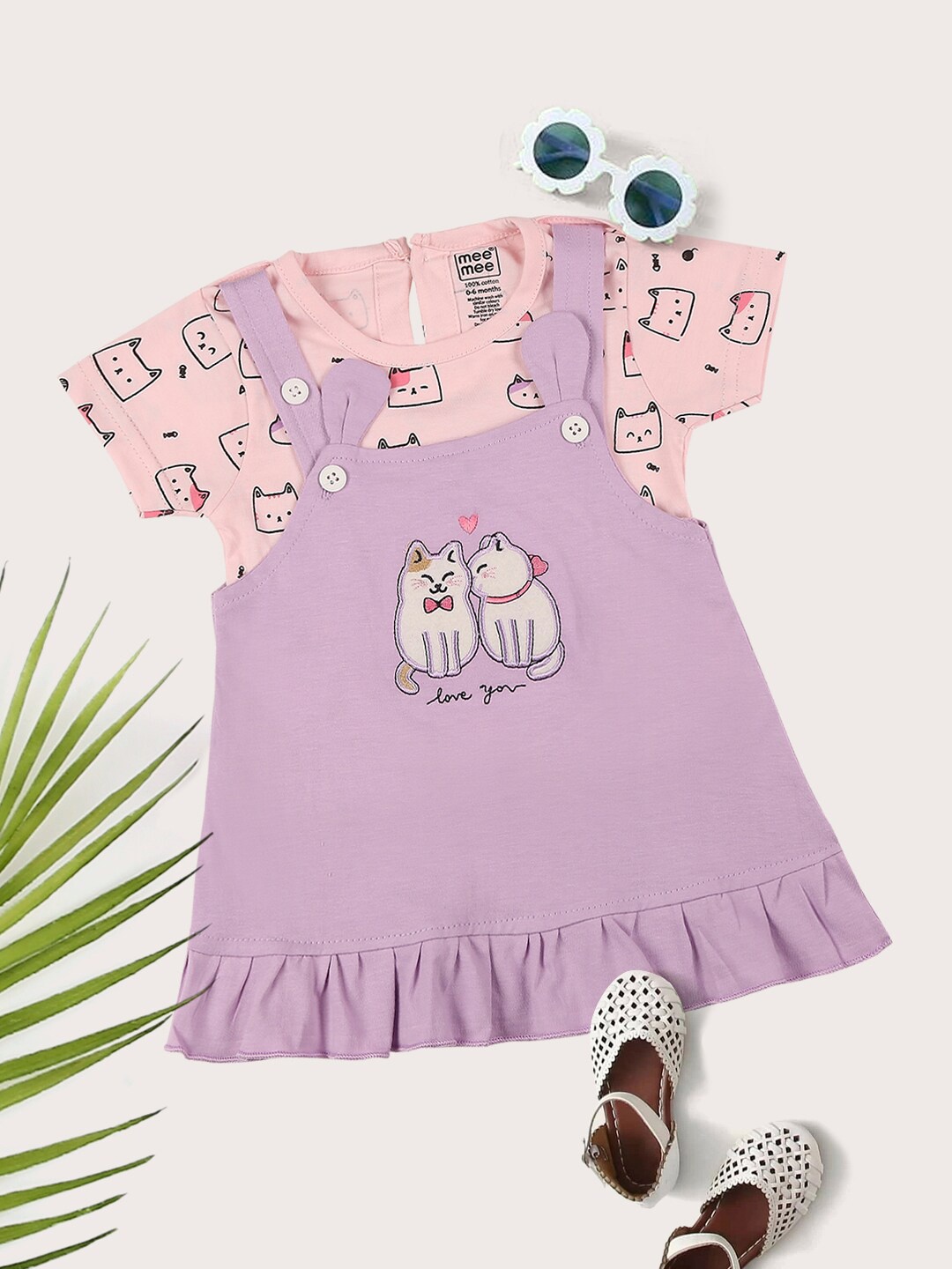 

MeeMee Infant Girls Lavender & Pink With T- Shirt Cotton Pinafore Dress