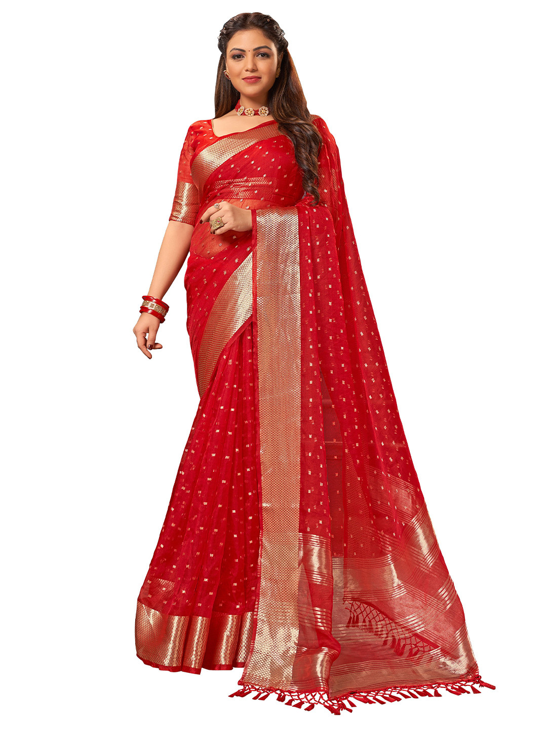 

MANOHARI Red & Gold-Toned Woven Design Zari Saree
