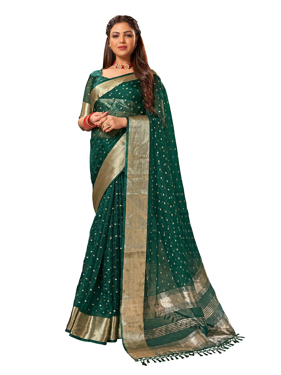 

MANOHARI Green & Gold-Toned Woven Design Zari Saree