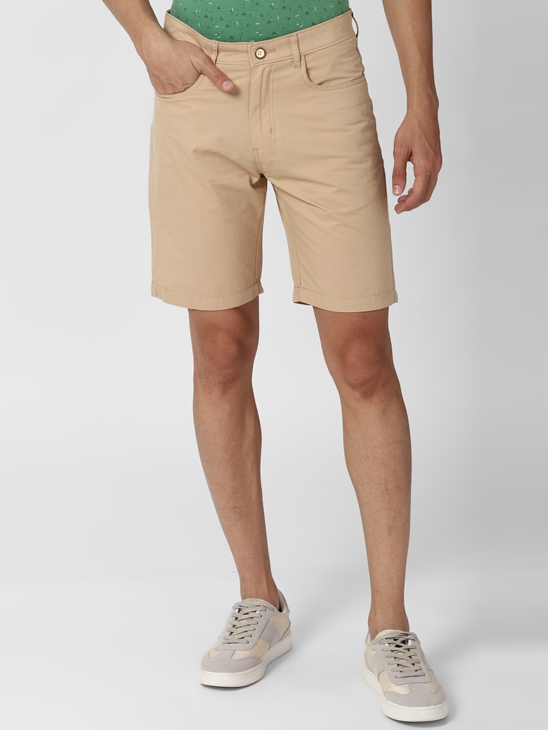 Peter England Casuals Men Solid Pure Cotton Shorts, Beige