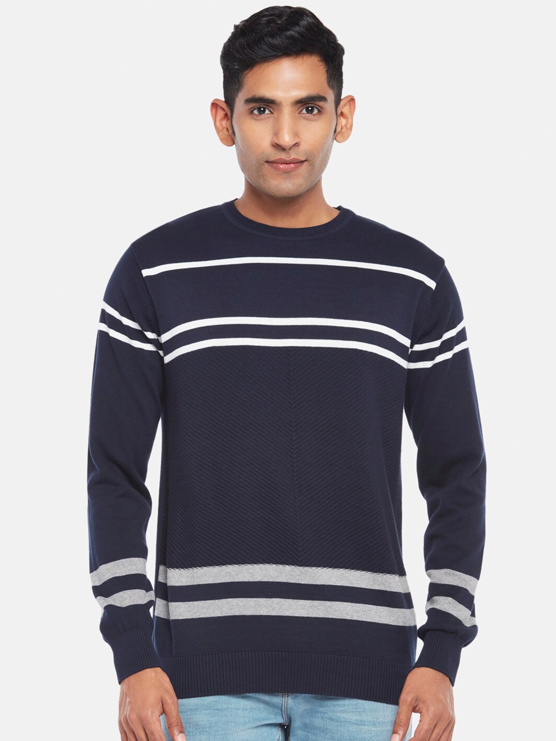 

People Men Navy Blue & White Striped Pullover