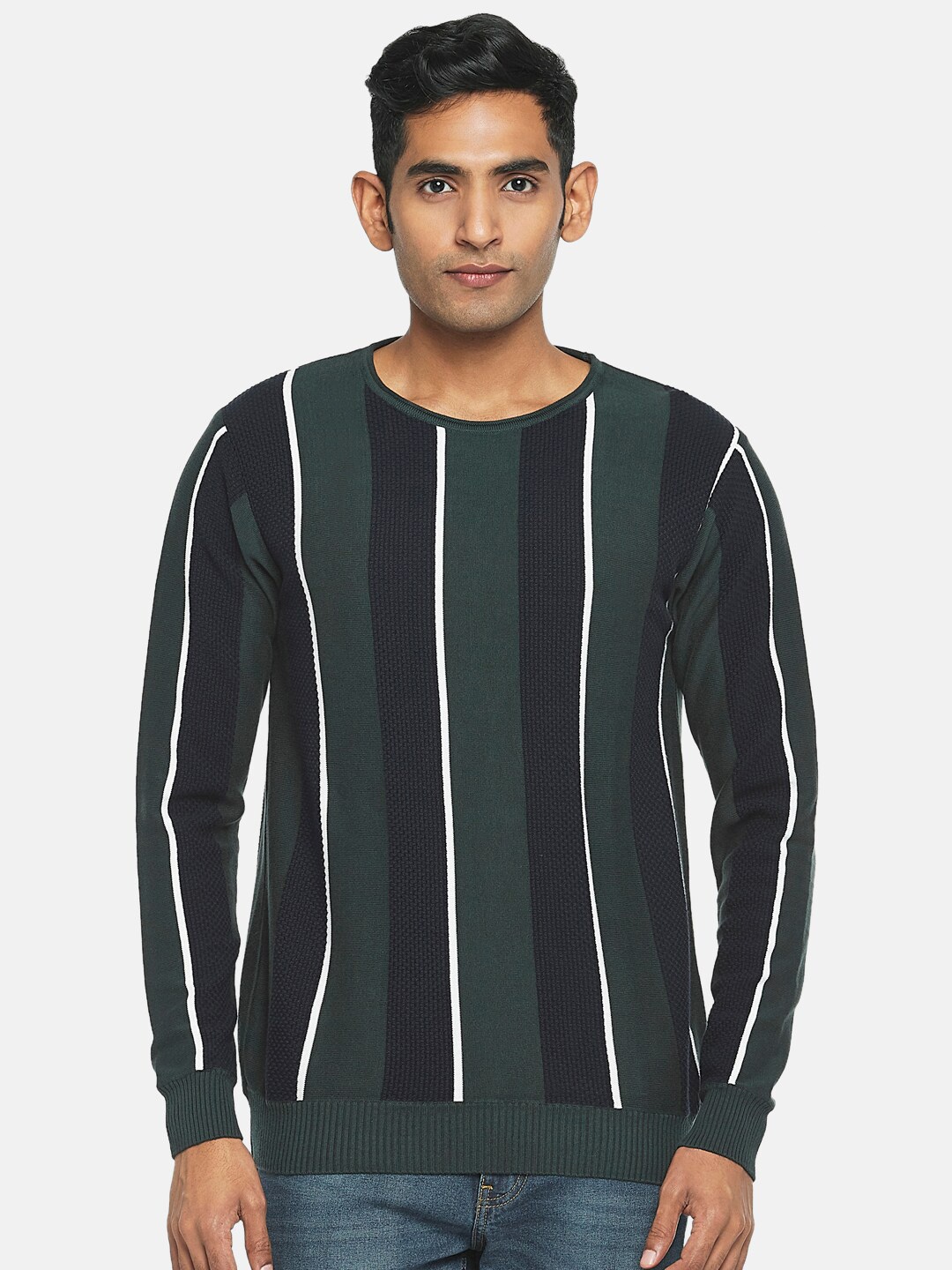 

People Men Green & Black Striped Pullover