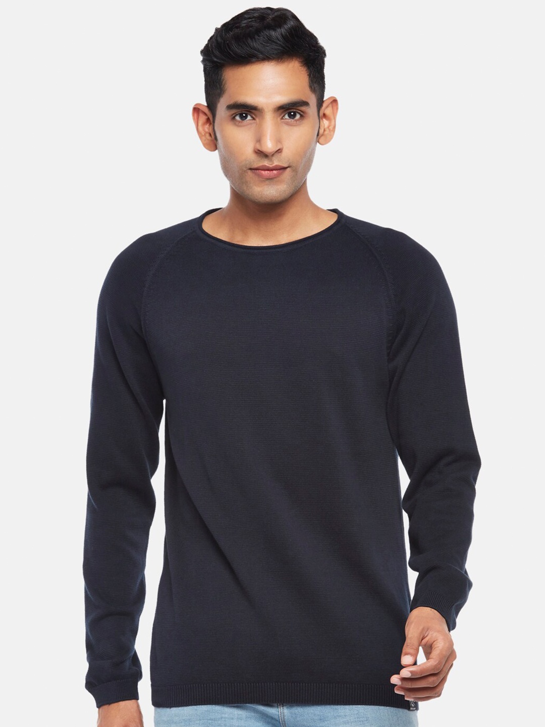 People Men Navy Blue Solid Pullover