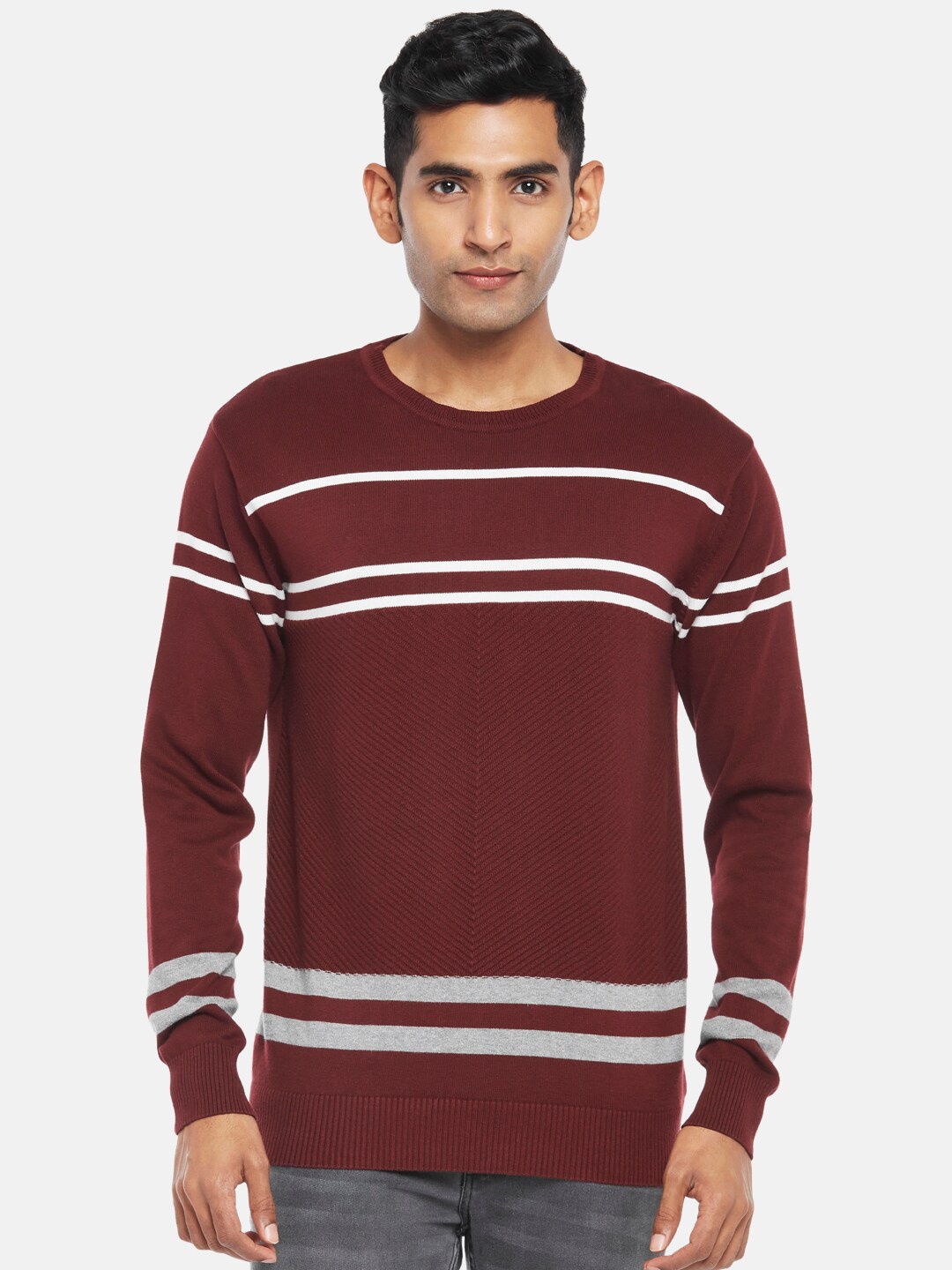

People Men Maroon & White Striped Pullover