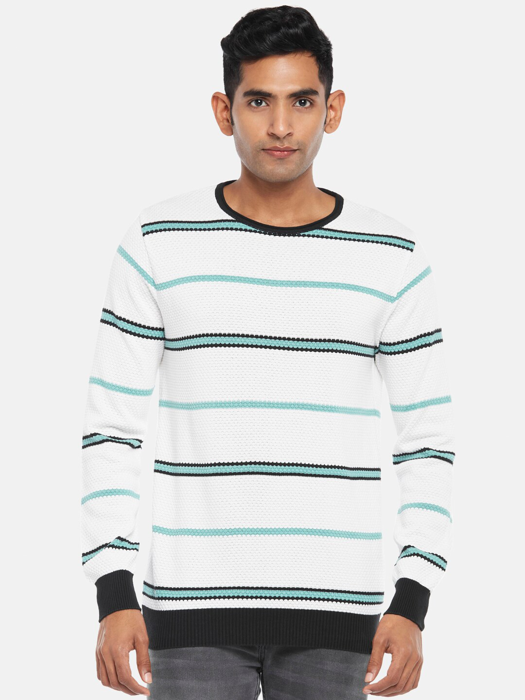 

People Men Off White & Green Striped Pullover