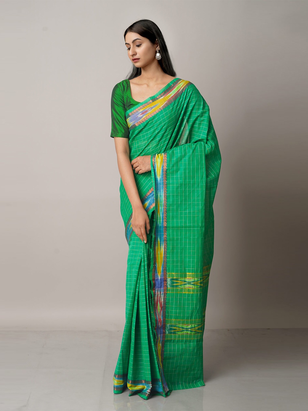

Unnati Silks Green & Red Checked Zari Pure Cotton Handloom Mangalagiri Saree