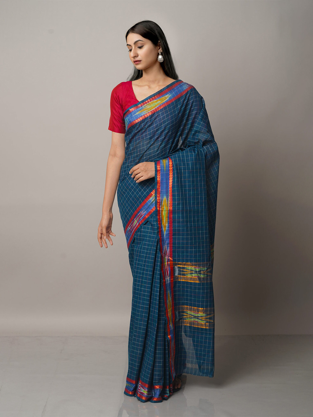 

Unnati Silks Blue & Pink Checked Zari Pure Cotton Handloom Mangalagiri Saree