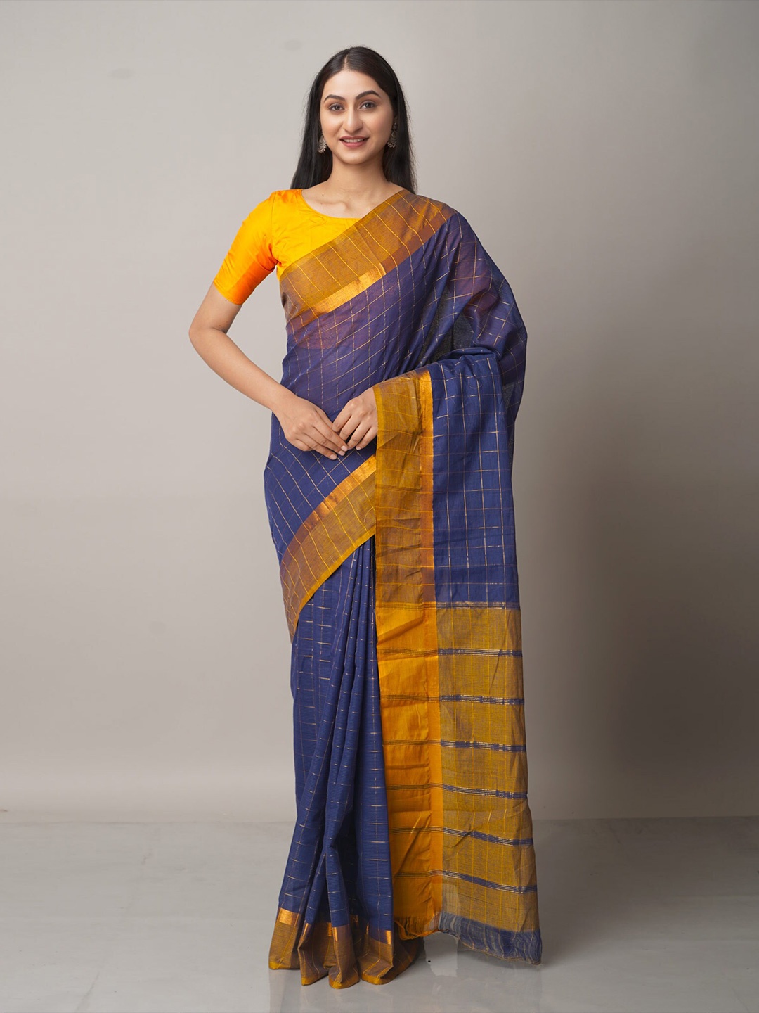 

Unnati Silks Navy Blue & Yellow Checked Zari Pure Cotton Handloom Mangalagiri Saree
