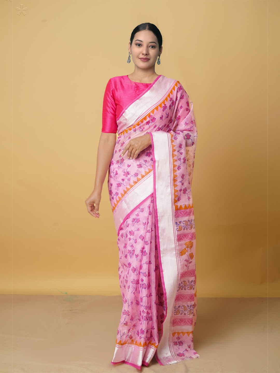 

Unnati Silks Pink & Silver-Toned Ethnic Motifs Zari Pure Cotton Handloom Kota Saree