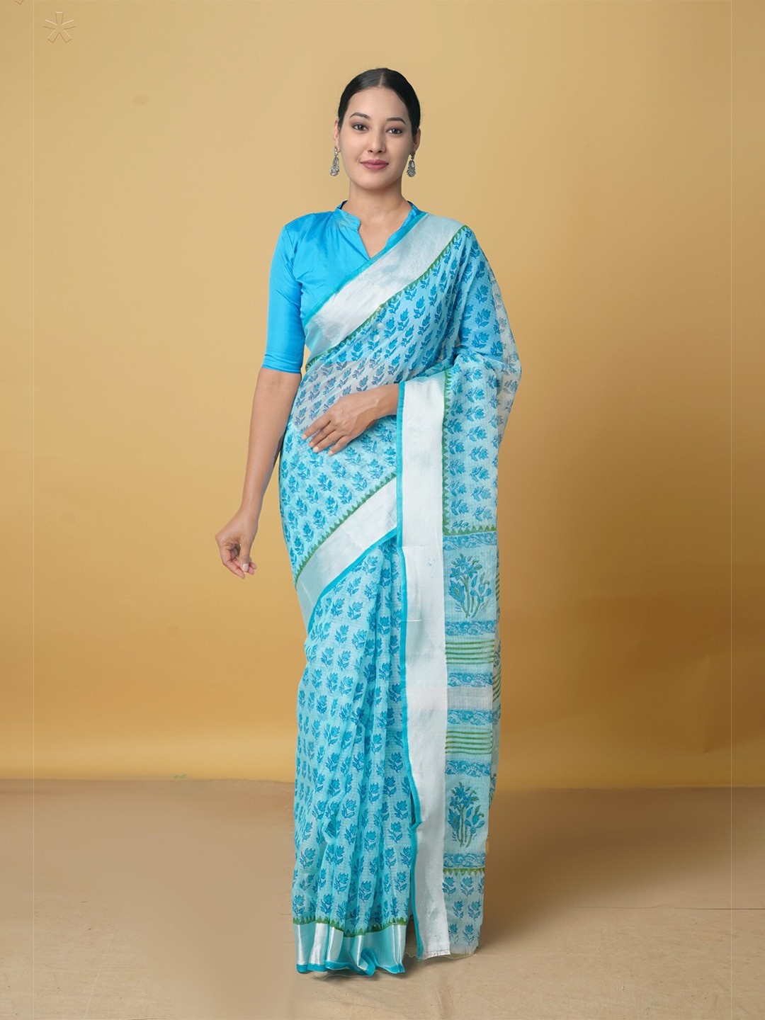 

Unnati Silks Blue & White Ethnic Motifs Zari Pure Cotton Handloom Kota Saree