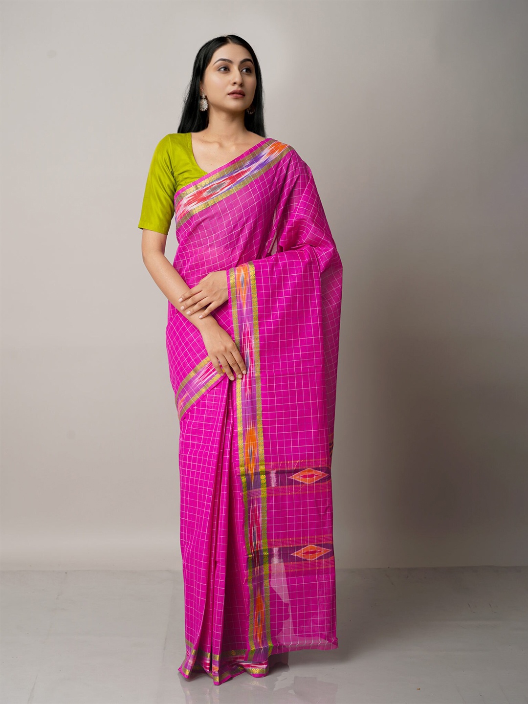 

Unnati Silks Purple & Gold-Toned Checked Zari Pure Cotton Handloom Mangalagiri Saree