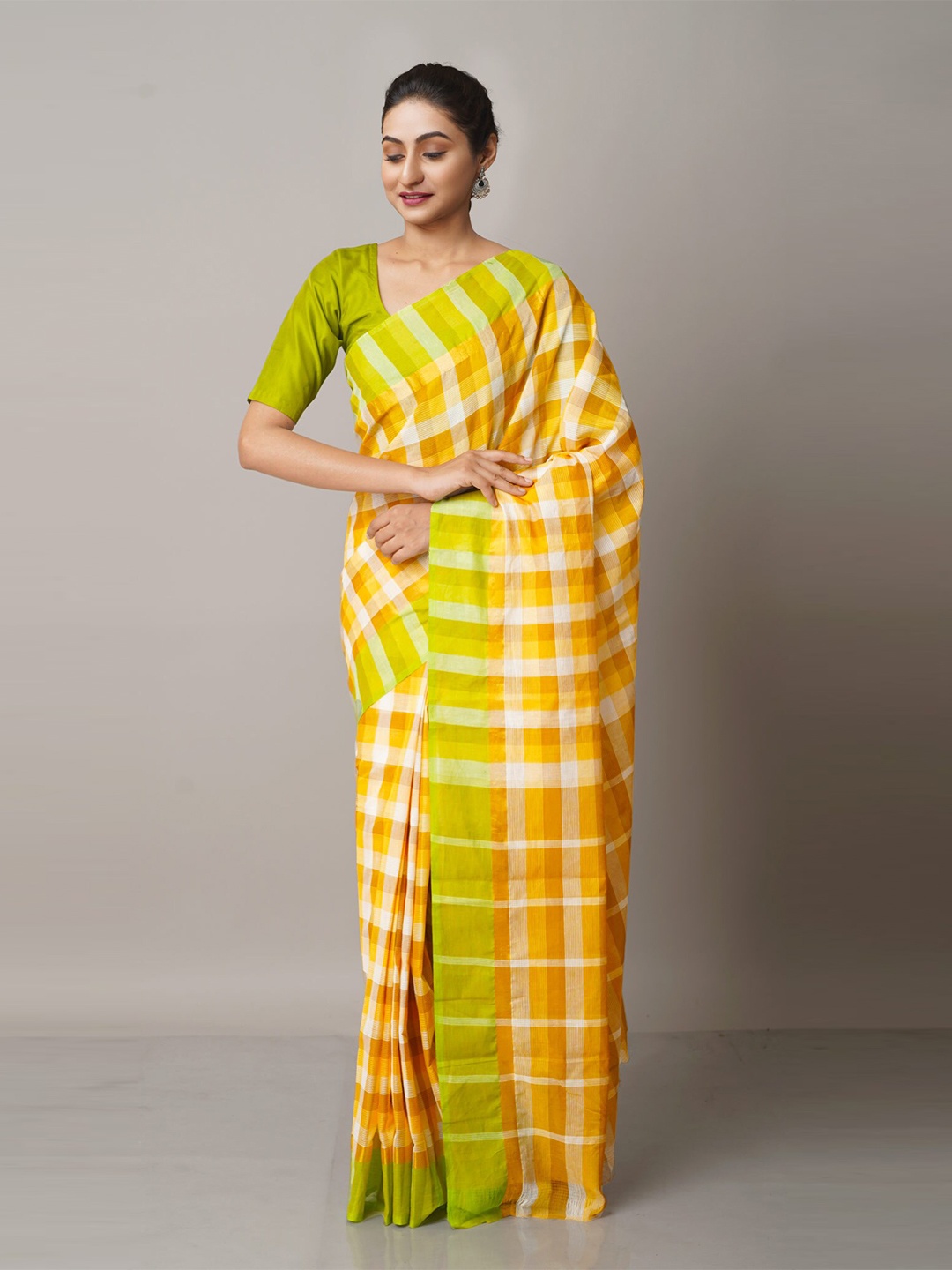 

Unnati Silks Orange & Green Checked Pure Cotton Handloom Mangalagiri Saree