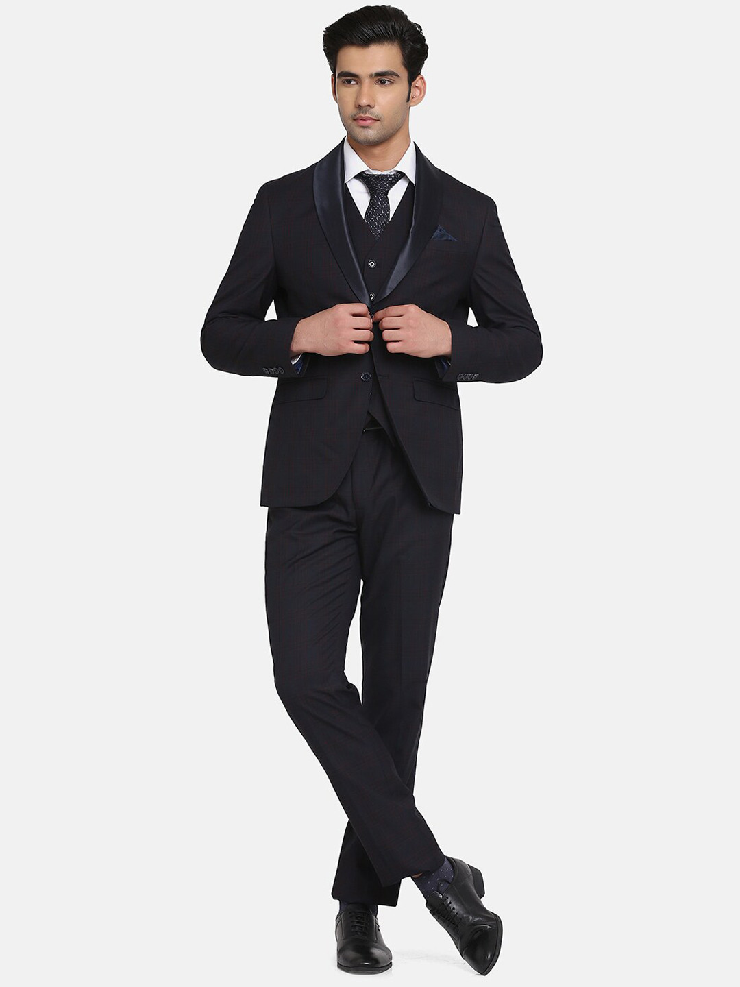 

Blackberrys Men Navy Blue & Red Checked Single-Breasted 3-Piece Slim-Fit Formal Suits