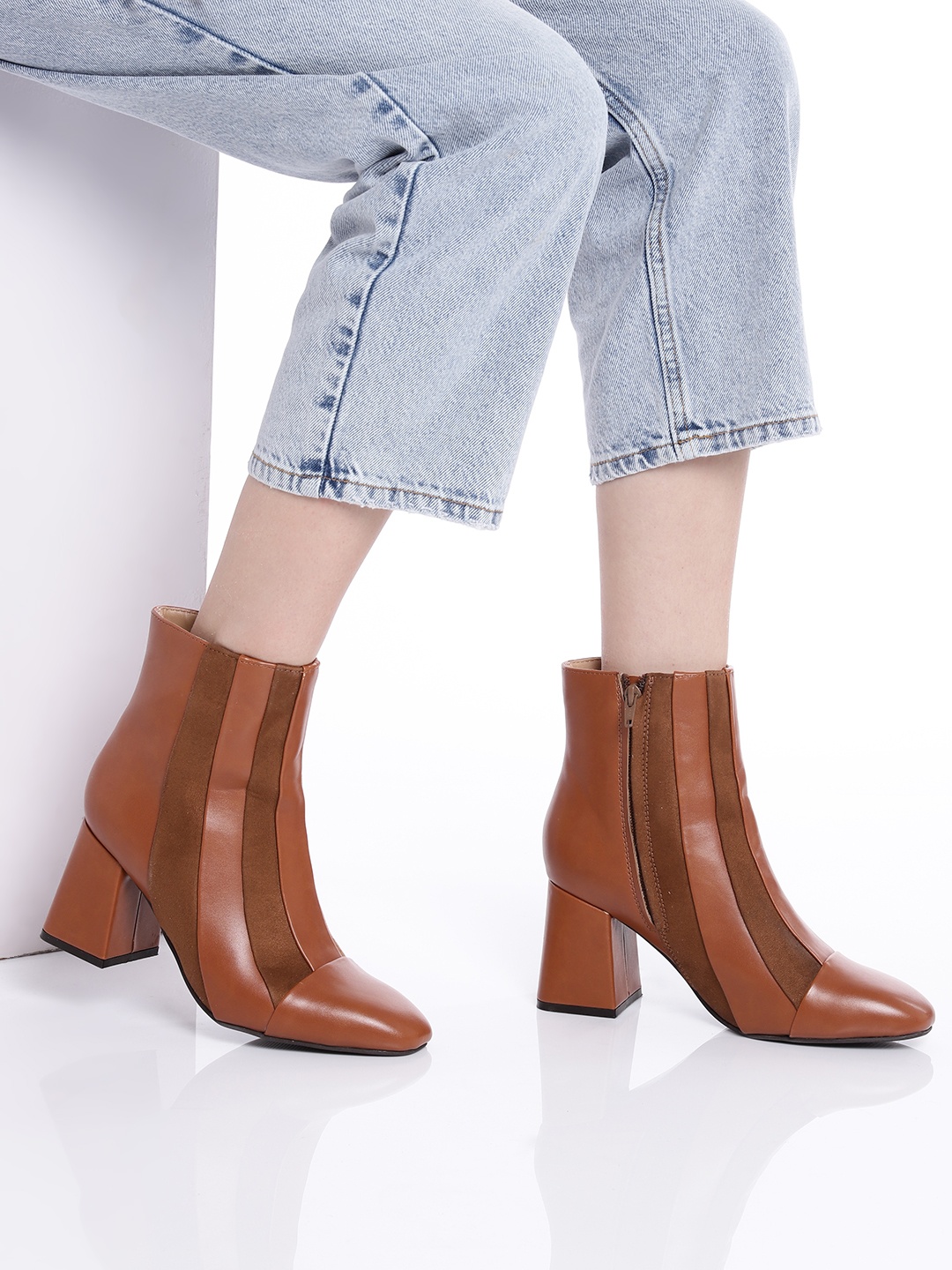 

CORSICA Women Tan Brown Striped Mid-Top Block Heel Regular Boots