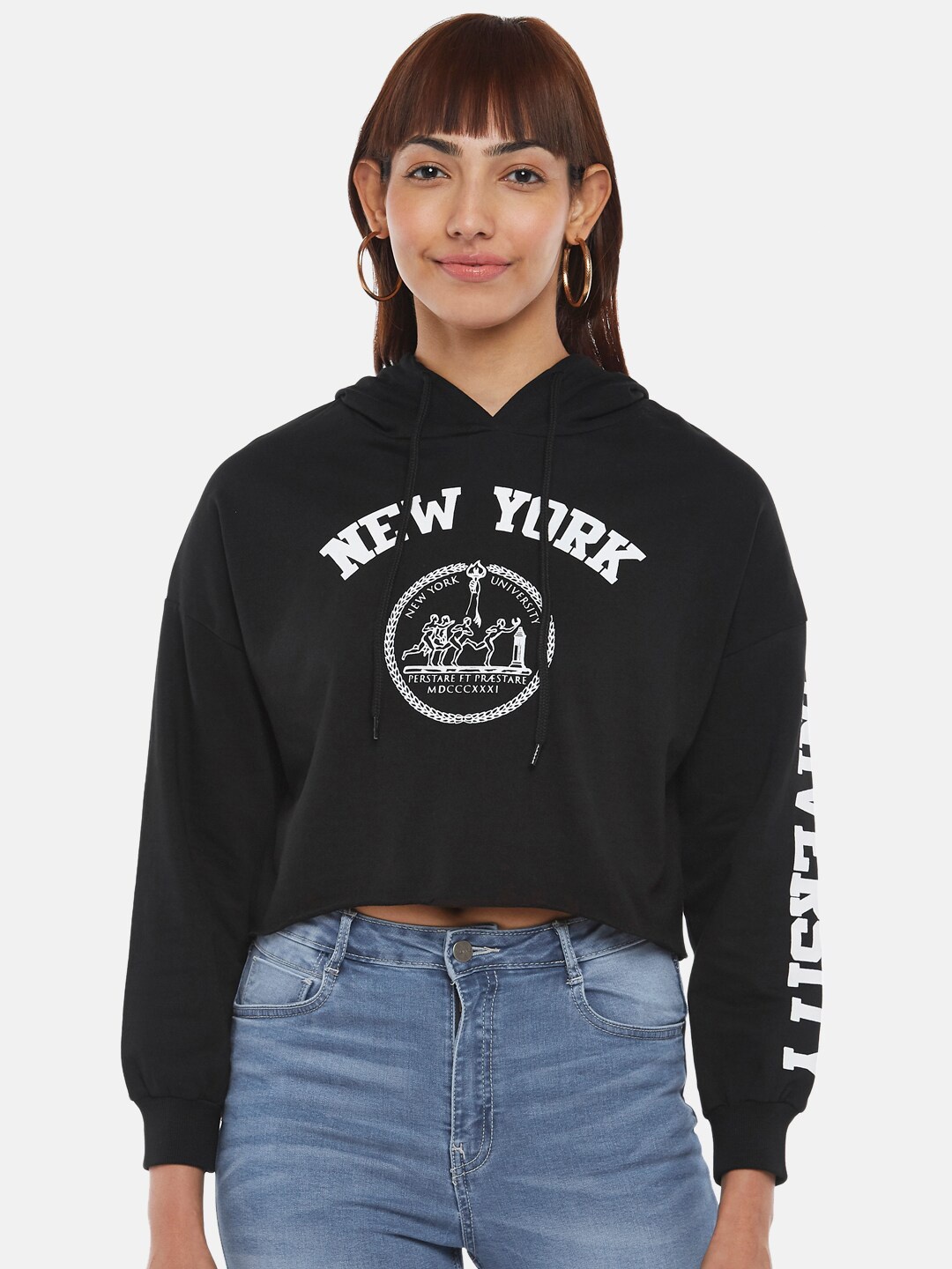 

People Women Black Printed Cotton Crop Sweatshirt