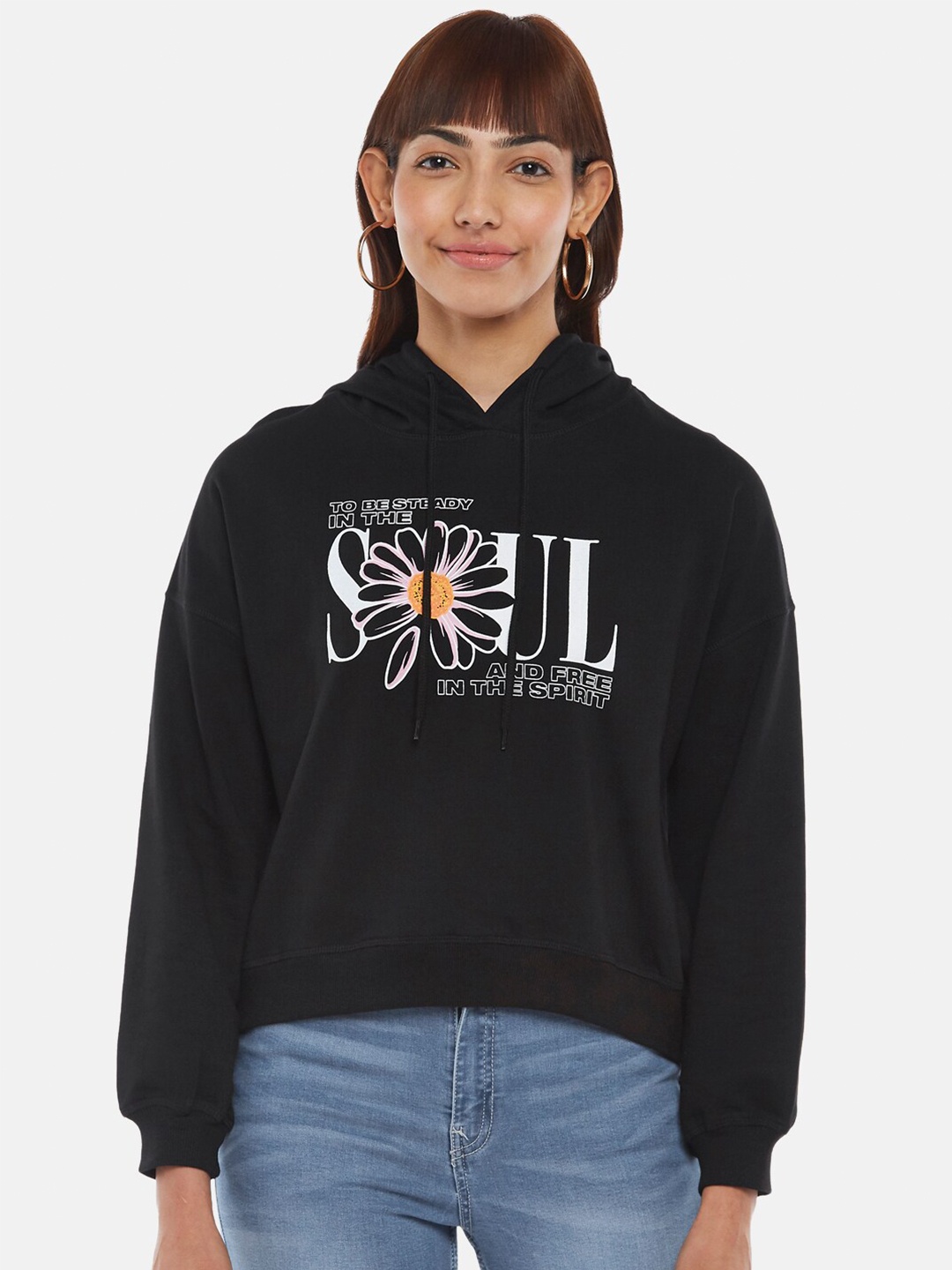 People Women Black Printed Hooded Sweatshirt