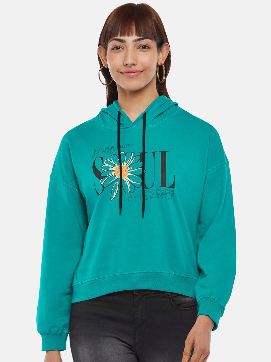 

People Women Teal Printed Sweatshirt