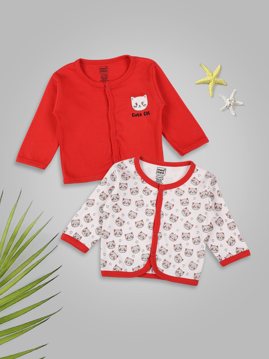 

MeeMee Kids Red & White Pack Of 2 Printed Cotton Innervests